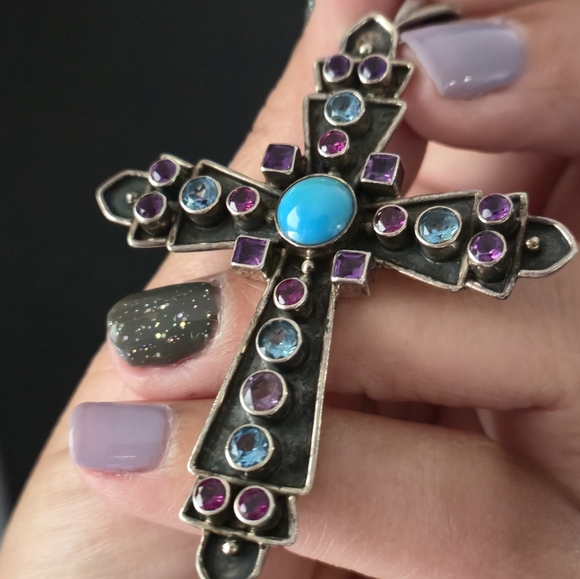 Nicky Butler 925 Sterling Silver Cross Necklace Pendant Turquoise Topaz Vintage - Picture 14 of 16